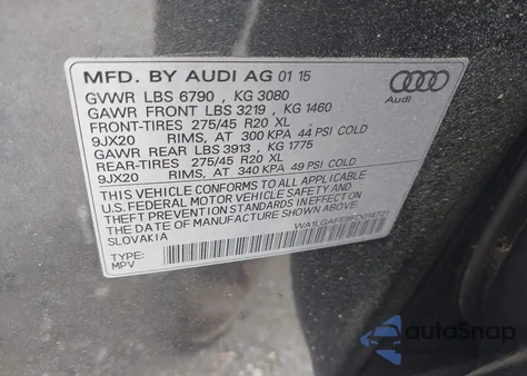 2015 Audi Q7 3.0T Premium from USA, damaged, VIN WA1LGAFE9FD014721